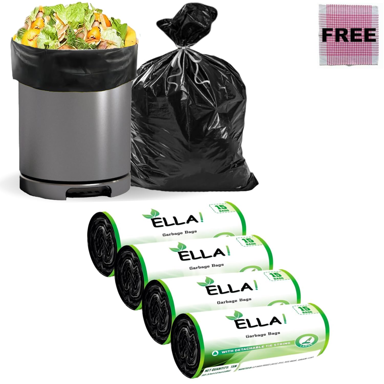 Ella Garbage Bags Large 24x32 Inches | 60 Bags 4 Rolls | Leak Proof & Tear Resistant Trash Bags for Kitchen Home & Commercial Use | Dustbin Bags For Dry & Wet Waste With Free Check Duster Cloth -Black